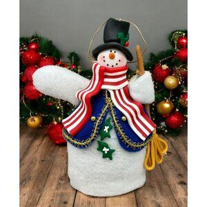 Handcrafted Festive Snowman Christmas Tree Ornament USA Patriotic Striped Scarf